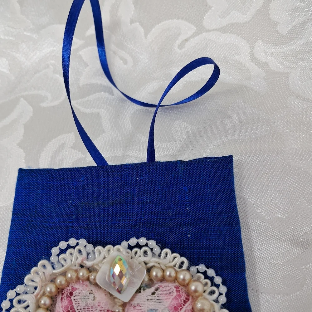OOAK Handmade Textile Heart Flat Art Lace Pearls Silk